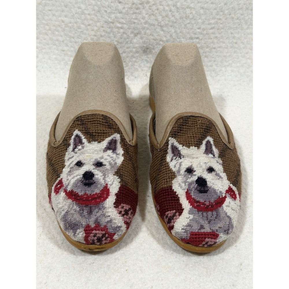 Korhoney Needlepoint Dog Slippers Womens 5 Vintage Cottagecore Mule Shoes